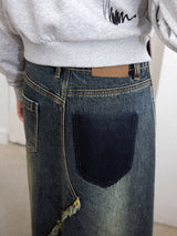 Denim patchwork checked fishtail skirt