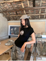 Black Round Leopard Spandex Short-Sleeved T-Shirt