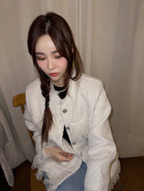 Tassel tweed loose fit no-collar jacket