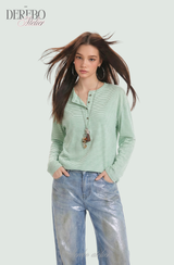 Mint Loose Stripe Long Sleeve T-shirt