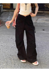 Lace Black Side Shirring Casual Pants