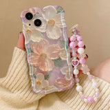 3D フラワー チェーン ウェーブ フレーム iPhone ケース ウィズ ビーズ ウィスト ストラップ