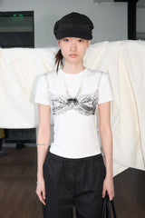 リボンプリンティングTシャツ (ホワイト)