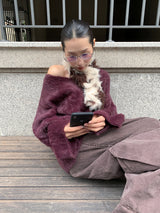 ワインレッドフラッフィーVネックオーバーサイズニット