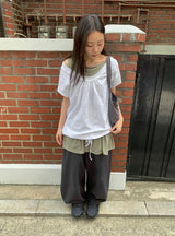 ミミュールVネックドットレイヤードオフショルダーTシャツ
