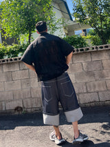 DENIM X SWEAT LAYERED ROLL UP SHORTS