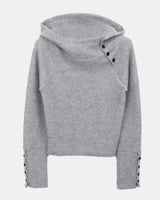 Renin Button High-Neck Hooded Ribbed Long-Sleeve Knit