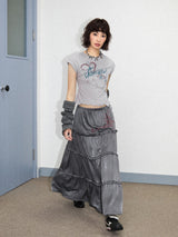 Loose pleated lace embroidered skirt