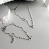 ariバレエコアリボンシリアススチール淡水パールショートチョーカーボールレイヤードネックレス(choose from 2)