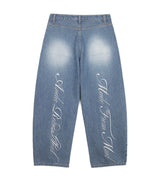 Stripe Lettering Denim Pants - Medium Blue