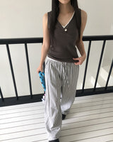 サテンリネンストライプワイドバンディングロングパンツ