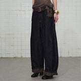 Ethnic Pattern Curved Washed Denim Pants