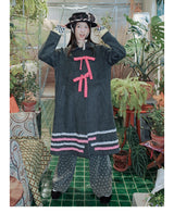 UnsocialNight original autumn and winter Japanese literary ツイードリボンとコントラストカラーステッチ 水玉模様コート