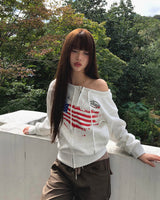 Burnun American Strap Ribbed One-Shoulder Long Sleeve Zip-Up