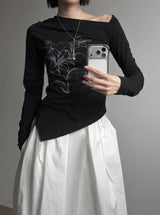Ink Painting Flower One-Shoulder Off-Tee