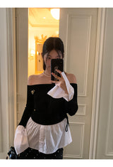 シューズレイヤードシャツオフショルダーロングスリーブTシャツ