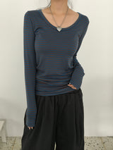 ウィッシュストライプ UネックロングスリーブTシャツ(6c)