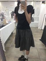 レースジップカラー半袖パフTシャツ(black)