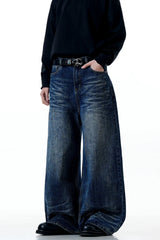 Whiskered Washed Wide-Leg Jeans
