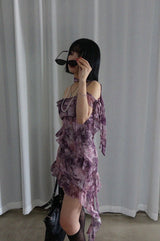 VINTAGE GRUNGE CHIFFON TAIL MINI DRESS WITH TIE SCARF SET