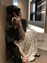 Lace ribbon banding wide pants