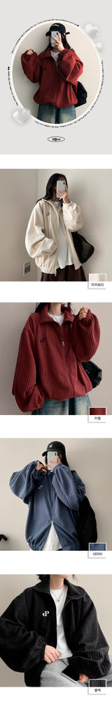 Baggle Oversized Corduroy Embroidery High-Neck Zip-Up