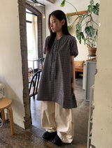 ジモチェックボタンパフ半袖ワンピース