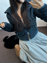 SHEEP FUR FLEECE CROPPED HALF POLO NECK ZIP UP 🧸🩶🤍🖤🩵4COLOR
