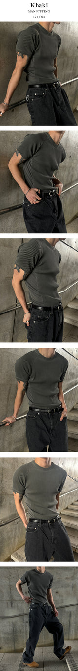 [MUSCLE FIT] Pigment mesh golgi half knit t-shirts(4color)