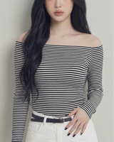 Mickey striped off-shoulder T-shirt