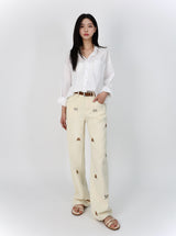 PUPPY EMBROIDERED CREAM DYED STRAIGHT DENIM code 26226
