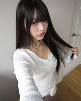 Rome Floral Ribbon V-Neck Long-Sleeve T-Shirt