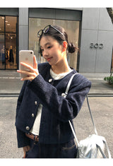 ネイビー ツイード ノーカラー センス ジャケット