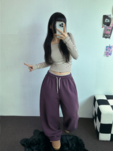 フリース/ストリング❤ベーシックルーズワイドロングパンツ 💜💙💚🤍4カラー