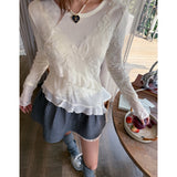 Silk Ruffle Hem Mix Mesh Flower Embroidery Top