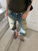 Midi Capri Half-Length Vintage Denim Pants
