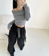 KOREAN MADE💝HIGH QUALITY💝 ストライプオフショルダーロングスリーブTシャツ