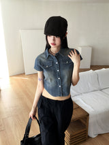 Markle Pocket Slim Washed Crop Denim Short Sleeve Shirt