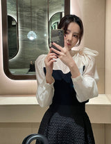 Liang Satin Tie Color Matching Puff Blouse