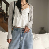Lunan frill lace ribbed wave see-through one button long sleeve cardigan