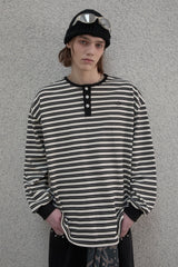 ストライプヘンリーネックTシャツ - Black