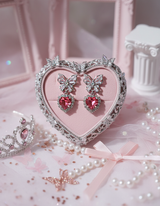 バタフライ＆クリスタルハートピアス-ローズピンク
