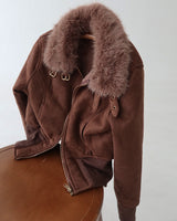 Fur collar high neck slim fit short suede coat