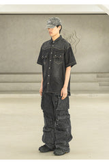 WESTERN WASHED MN POCKET DENIM HALF SHIRTS MSFST003-BK