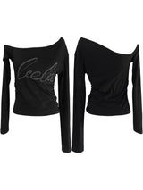 キュービックレタリングオフショルダーTシャツ