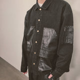 faux leather mix denim shirt_black