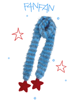 Fluffy Striped Scarf with Red Crochet Stars at Both Ends  （Winter Sun Red &Glacier Blue）
