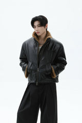 Faux Leather Fur Collar Puffer