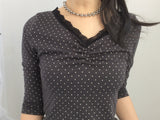 Lace V-Shirring Dot Top