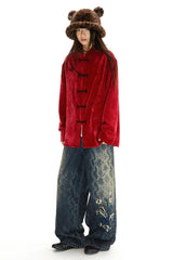 velvet chenille embroidered Mandarin collar shirt